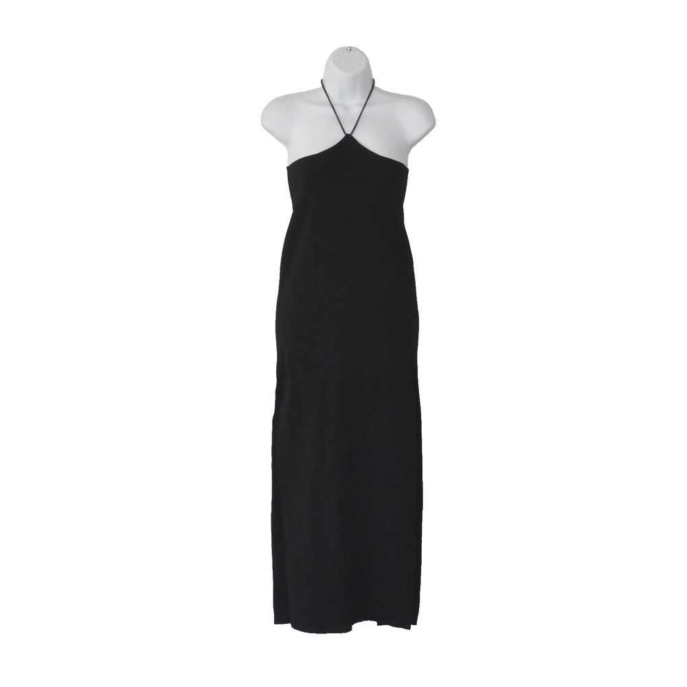 C0 NWT AYA MUSE Black Back Ties Halter Drawstring Slit Side Evening Dress Size M